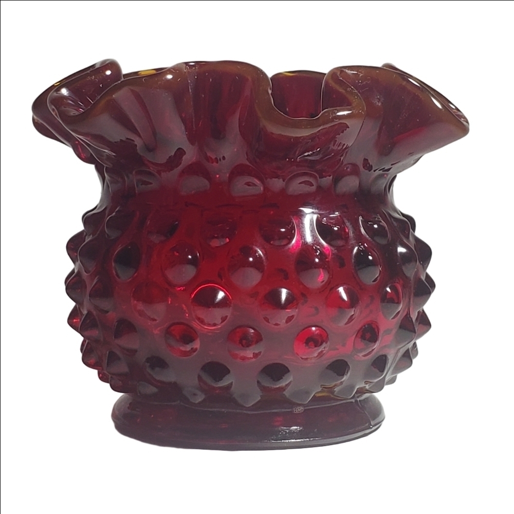 Vintage FENTON Ruby Red Amberina Hobnail Rose Bowl Ruffled Edge Vase Art Glass